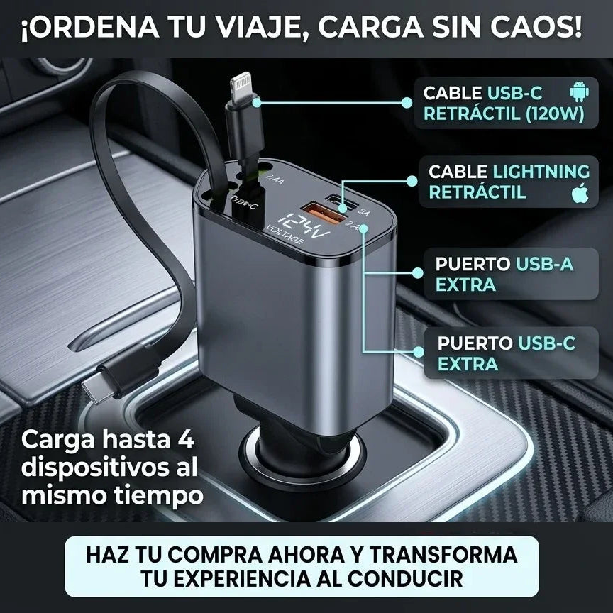 CARGADOR RETRÁCTIL PARA CARRO - CARGA RÁPIDA 4 en 1